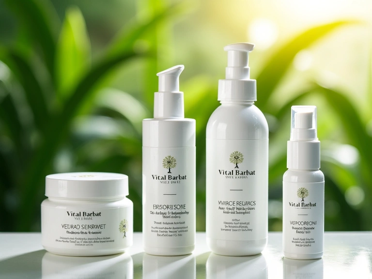 Produse Vitalbarbatcx aranjate estetic cu frunze verzi în fundal